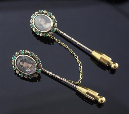 A pair of 19th century French 18ct gold and gem set oval studs, 2.25in.